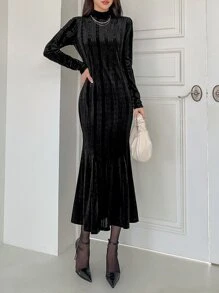 DAZY Mock Neck Mermaid Dress,Fall Dress - Black - View 3