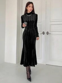 DAZY Mock Neck Mermaid Dress,Fall Dress - Black - View 5