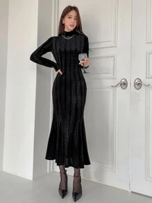 DAZY Mock Neck Mermaid Dress,Fall Dress - Black - View 6