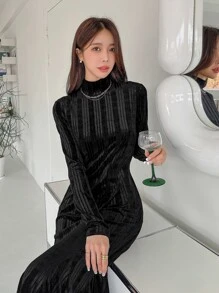 DAZY Mock Neck Mermaid Dress,Fall Dress - Black - View 7