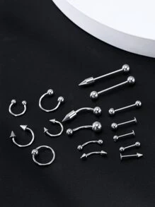 16入組/套時尚男士眉釘和鼻環套裝不銹鋼男女款無需穿孔隔墊身體首飾 - 銀色 - 查看 1