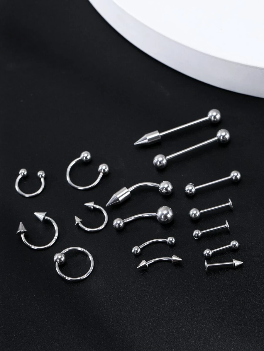 16入組/套時尚男士眉釘和鼻環套裝不銹鋼男女款無需穿孔隔墊身體首飾 - 銀色 - 查看 1