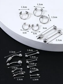 16入組/套時尚男士眉釘和鼻環套裝不銹鋼男女款無需穿孔隔墊身體首飾 - 銀色 - 查看 4