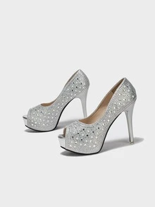 Zapatos de tacón con diseño de diamante de imitación de punta abierta - Plateado - Ver 3
