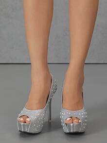 Zapatos de tacón con diseño de diamante de imitación de punta abierta - Plateado - Ver 4