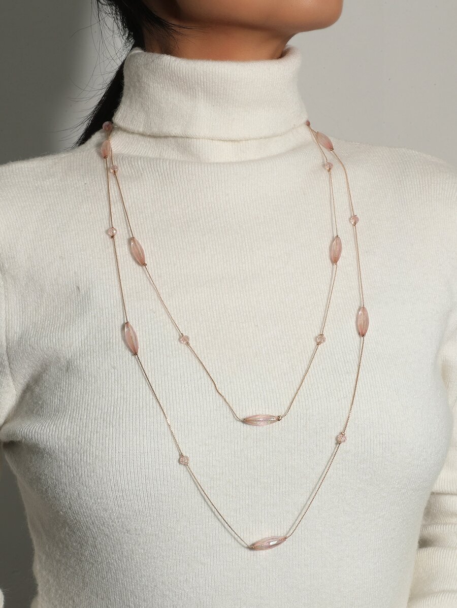 1入組時尚珠子裝飾多層次項鍊適合女士日常裝飾 - 金黃色 - 查看 1