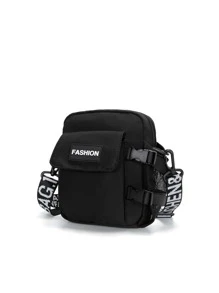 新款夏季男士尼龙单肩包，休闲斜挎包，简约方形包（所有织带图案和字母均为随机） - 黑色 - 查看 2