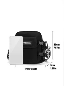 新款夏季男士尼龙单肩包，休闲斜挎包，简约方形包（所有织带图案和字母均为随机） - 黑色 - 查看 3