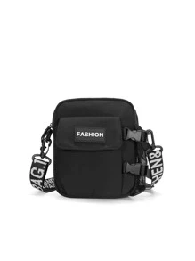 新款夏季男士尼龙单肩包，休闲斜挎包，简约方形包（所有织带图案和字母均为随机） - 黑色 - 查看 6