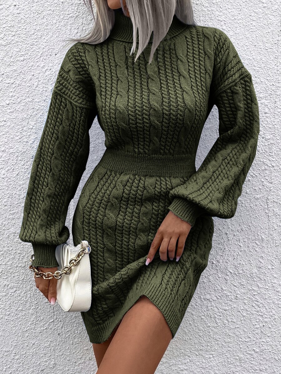 SHEIN LUNE Cable Knit Turtleneck Drop Shoulder Jumper Dress - Army Green - View 1