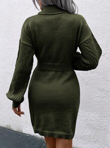 SHEIN LUNE Cable Knit Turtleneck Drop Shoulder Jumper Dress - Army Green - View 2