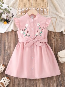SHEIN Toddler Girls Floral Embroidery Ruffle Trim Belted Dress - Baby Pink - View 1