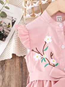 SHEIN Toddler Girls Floral Embroidery Ruffle Trim Belted Dress - Baby Pink - View 4