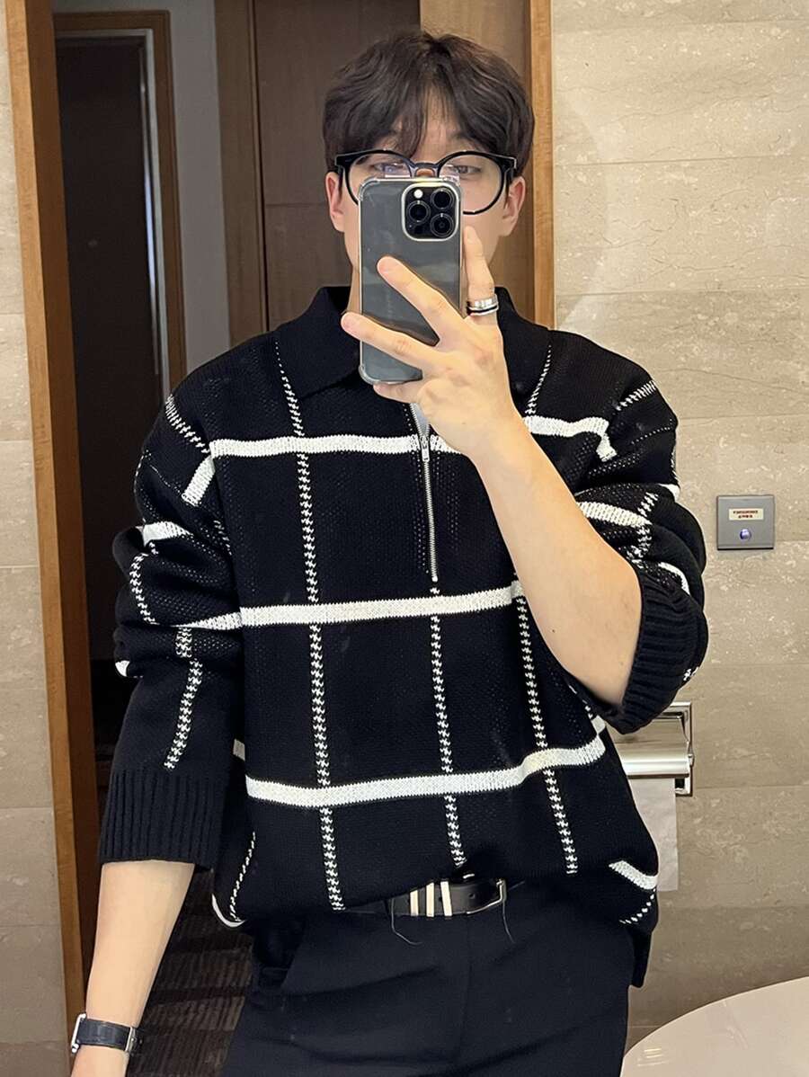 DAZY Men Plaid Pattern Quarter Zip Jumper - Black - View 1