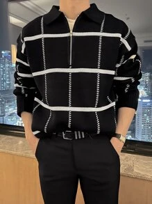 DAZY Men Plaid Pattern Quarter Zip Jumper - Black - View 2