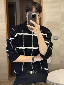 DAZY Men Plaid Pattern Quarter Zip Jumper - Black - View 4