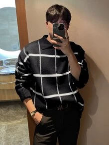 DAZY Men Plaid Pattern Quarter Zip Jumper - Black - View 7