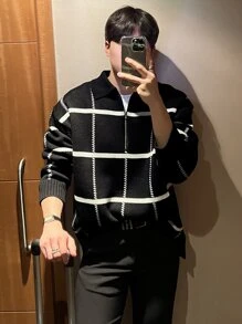 DAZY Men Plaid Pattern Quarter Zip Jumper - Black - View 8