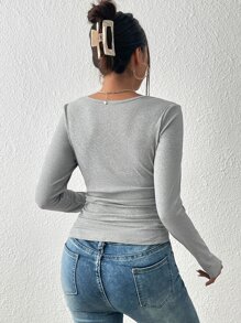SHEIN Essnce Scoop Neck Ruched Tee - Grey - View 2