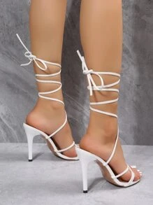 Women White Tie Leg Design Stiletto Heeled Sandals, Fashionable Open Toe Strappy Sandals - White - View 2
