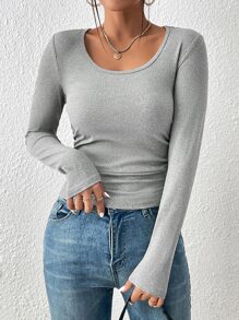 SHEIN Essnce Scoop Neck Ruched Tee - Grey - View 3