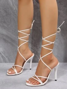 Women White Tie Leg Design Stiletto Heeled Sandals, Fashionable Open Toe Strappy Sandals - White - View 4