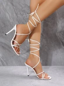 Women White Tie Leg Design Stiletto Heeled Sandals, Fashionable Open Toe Strappy Sandals - White - View 5