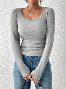 SHEIN Essnce Scoop Neck Ruched Tee - Grey - View 6