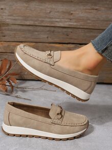 Metal Decor Flat Loafers - Khaki - View 2