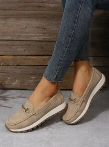 Metal Decor Flat Loafers - Khaki - View 3