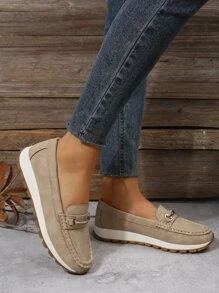 Metal Decor Flat Loafers - Khaki - View 5