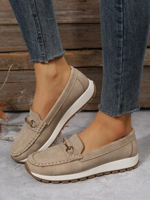 Metal Decor Flat Loafers - Khaki - View 6