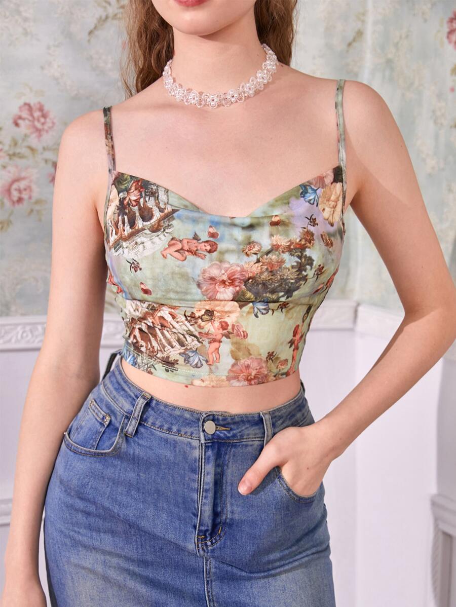 SHEIN MOD Floral & Angel Print Draped Front Cami Top - Multicolor - View 1