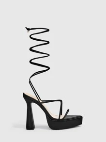 腿部繫帶設計防水台高跟綁帶涼鞋 - 黑色 - 查看 5