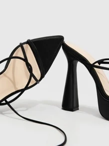 腿部繫帶設計防水台高跟綁帶涼鞋 - 黑色 - 查看 3