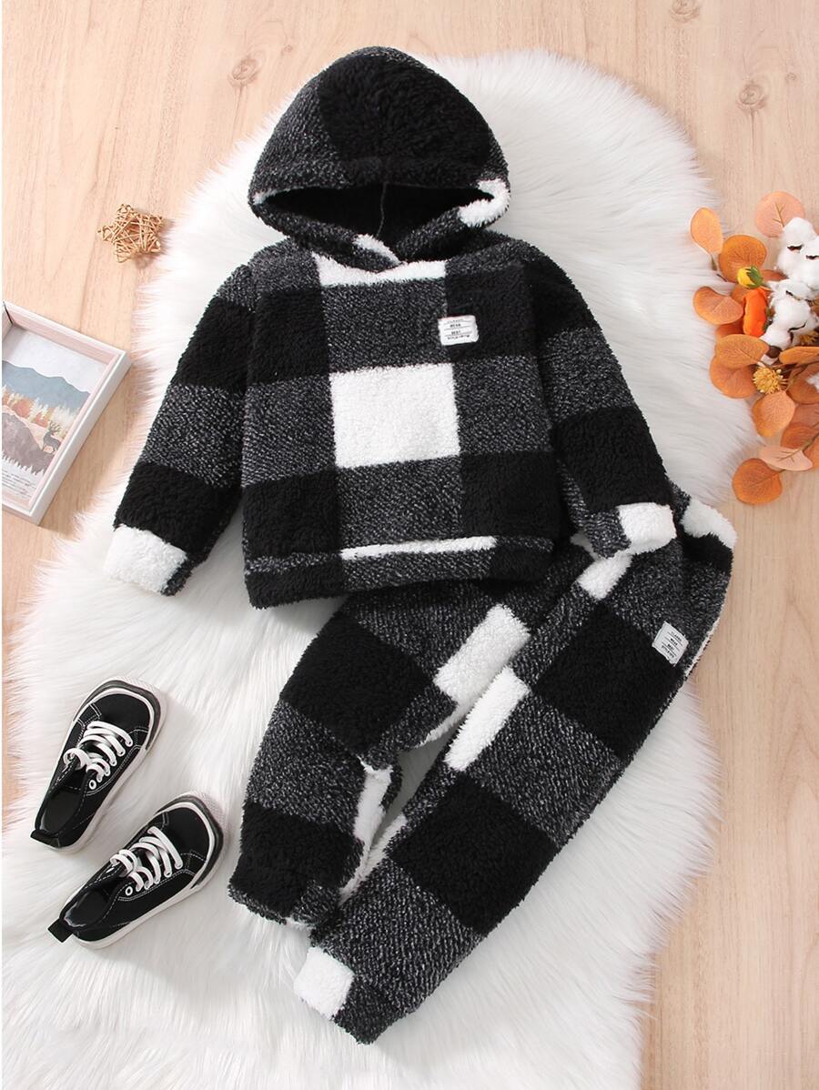 SHEIN 小男童格紋印花毛絨帽衫和褲子