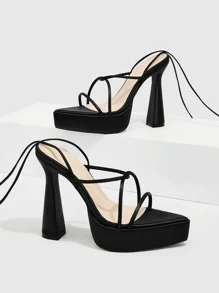 腿部繫帶設計防水台高跟綁帶涼鞋 - 黑色 - 查看 4