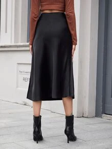 EURMUSE 高腰法式風格A字形緞面裙 - 黑色 - 查看 2