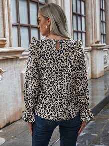 EURMUSE Leopard Print Ruffle Trim Flounce Sleeve Blouse - Apricot - View 2