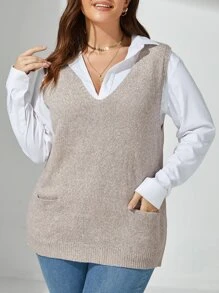 Calvaya Plus Size Women Plain Knit V-Neck Drawstring Sleeveless Casual Pullover Top, Minimalist Style For Autumn/Winter - Beige - View 1