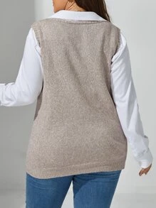 Calvaya Plus Size Women Plain Knit V-Neck Drawstring Sleeveless Casual Pullover Top, Minimalist Style For Autumn/Winter - Beige - View 2