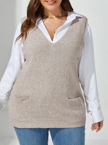 Calvaya Plus Size Women Plain Knit V-Neck Drawstring Sleeveless Casual Pullover Top, Minimalist Style For Autumn/Winter - Beige - View 4