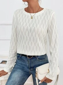 SHEIN Frenchy Solid Round Neck Textured Blouse - Beige - View 1