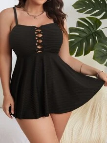 Swim Lushoire Summer Beach Plus Ribbed Tankini Set Crisscross Front Swim Dress & Bikini Bottom 2 Piece Bathing Suit