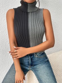 SHEIN Essnce Two Tone Turtleneck Sweater Vest - Grey - View 4