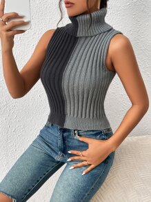 SHEIN Essnce Two Tone Turtleneck Sweater Vest - Grey - View 3