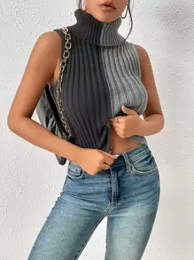 SHEIN Essnce Two Tone Turtleneck Sweater Vest - Grey - View 1