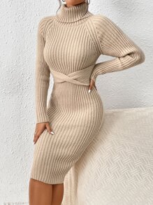 Chiquease Turtleneck Raglan Sleeve Twist Front Jumper Dress - Apricot - View 3
