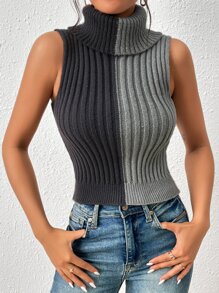SHEIN Essnce Two Tone Turtleneck Sweater Vest - Grey - View 2