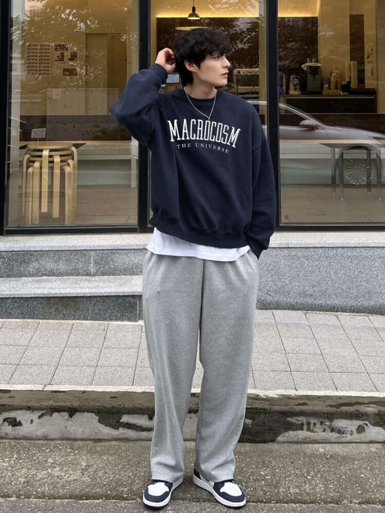 DAZY 男士羊毛字母印花卫衣，秋冬款 - 藏蓝色 - 查看 5